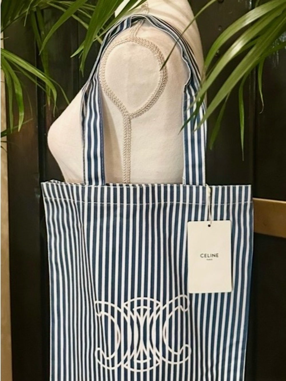 Authentic VIP Celine Navy & White Striped Canvas Tote Bag Work Travel Summer New